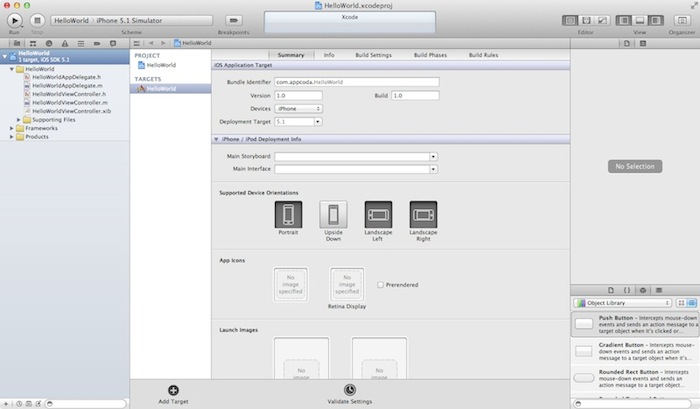 Main Xcode Window for Hello World Project