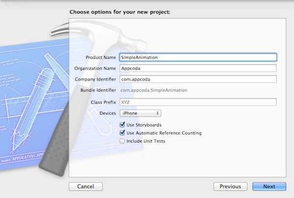 Xcode Simple Animation Project Settings