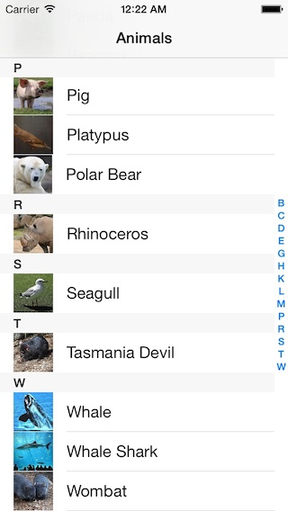 animal table with index