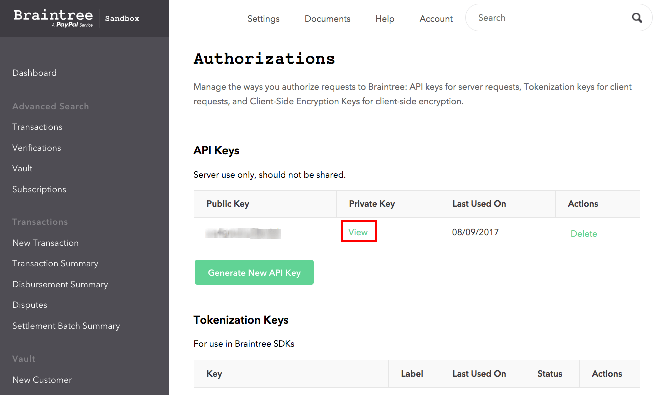 Braintree API key