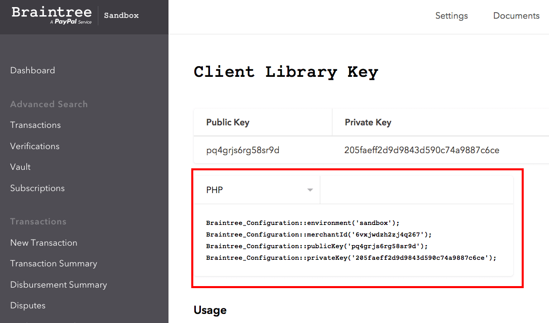 Braintree API key