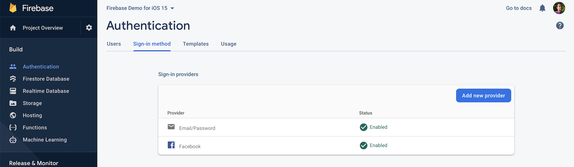 Figure 38.1. The Firebase console lets you enable/disable a certain sign-in method instantly