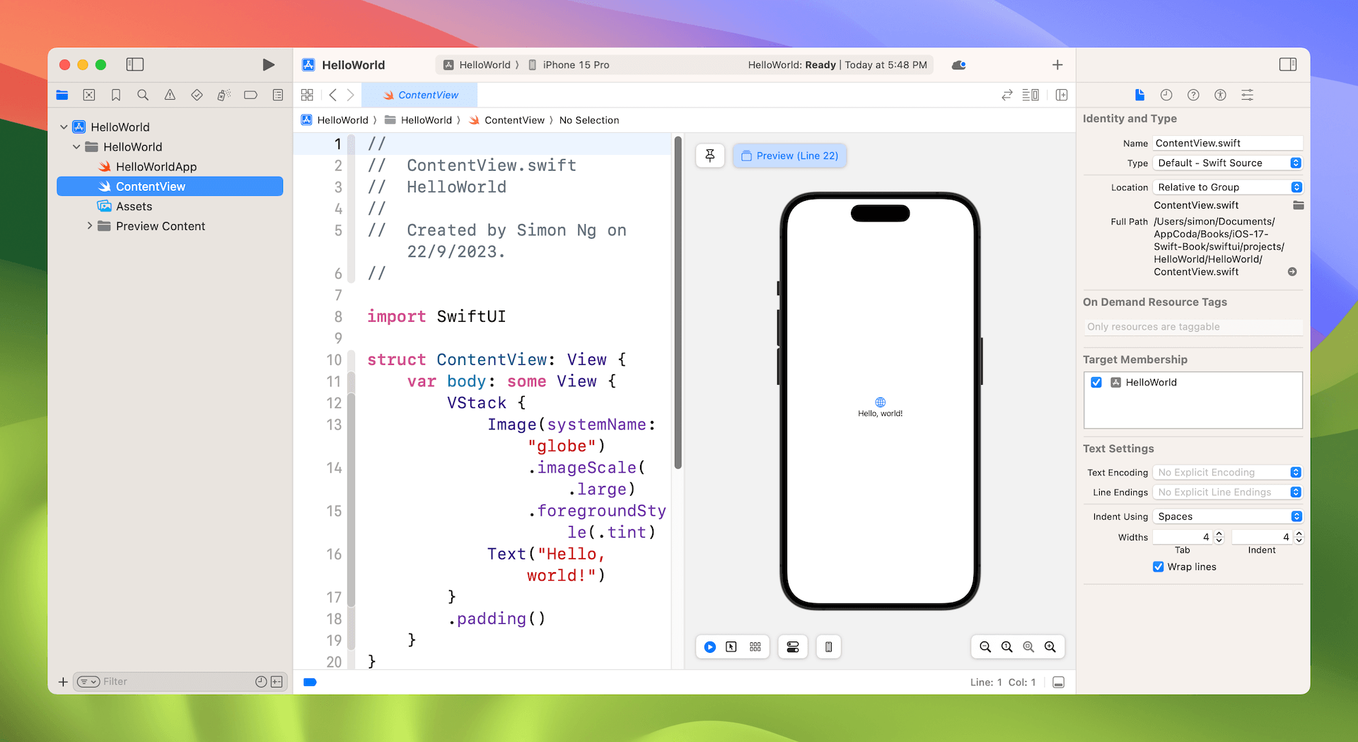 Figure 3-5. Xcode workspace with source code editor and preview pane