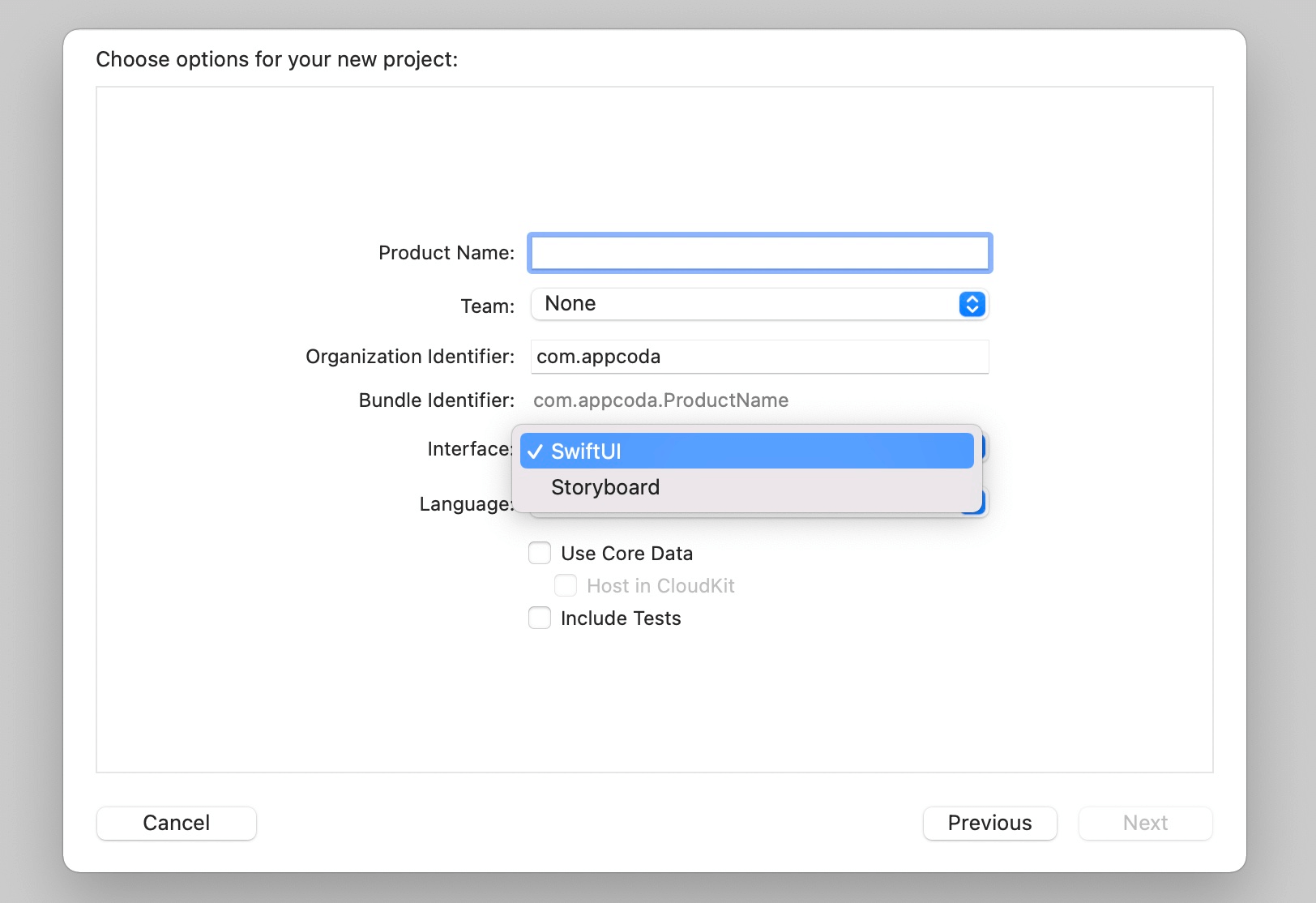Figure 3. User interface option in Xcode