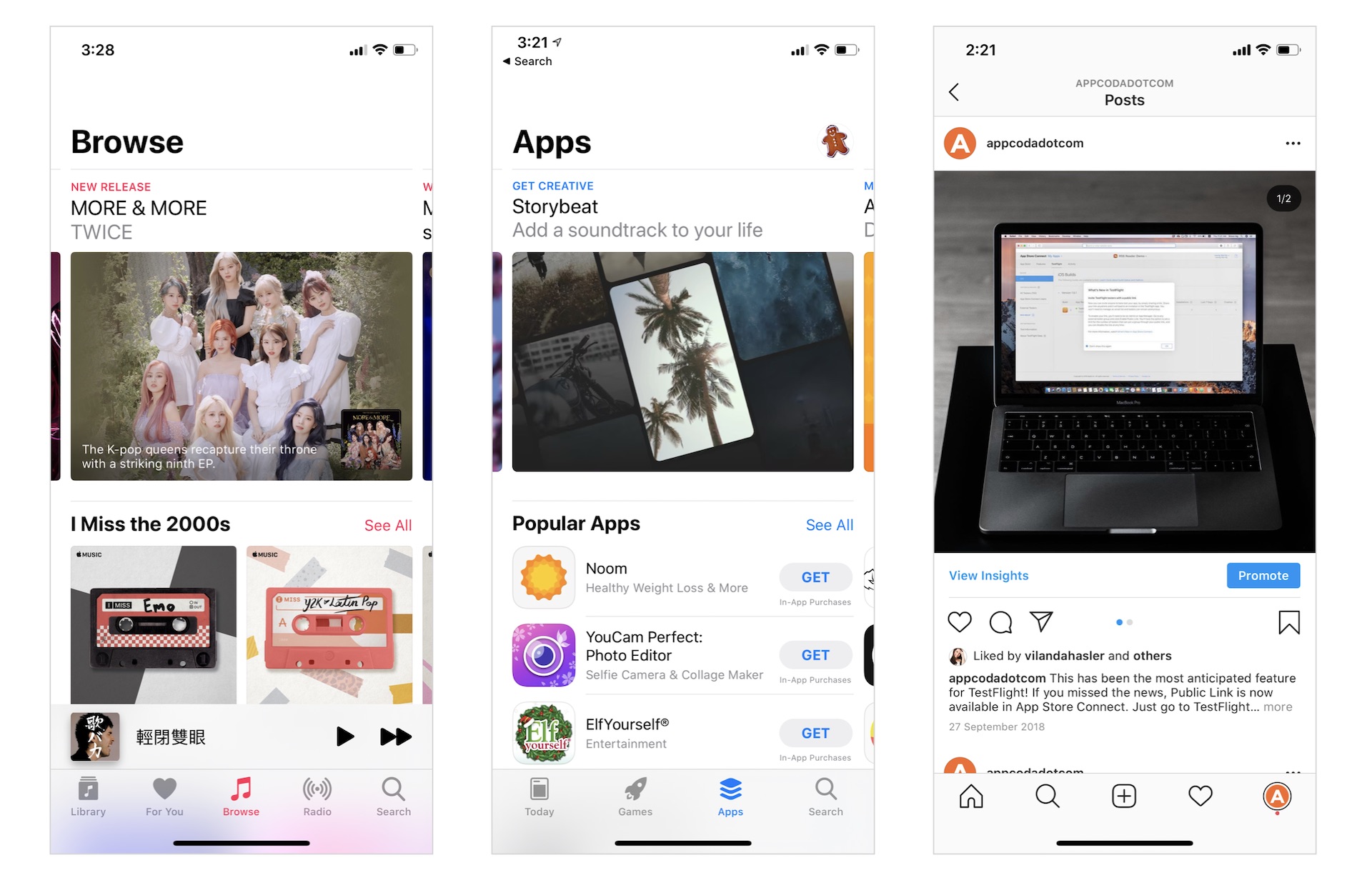 Figure 1. Sample carousel in the Music, App Store, and Instagram app