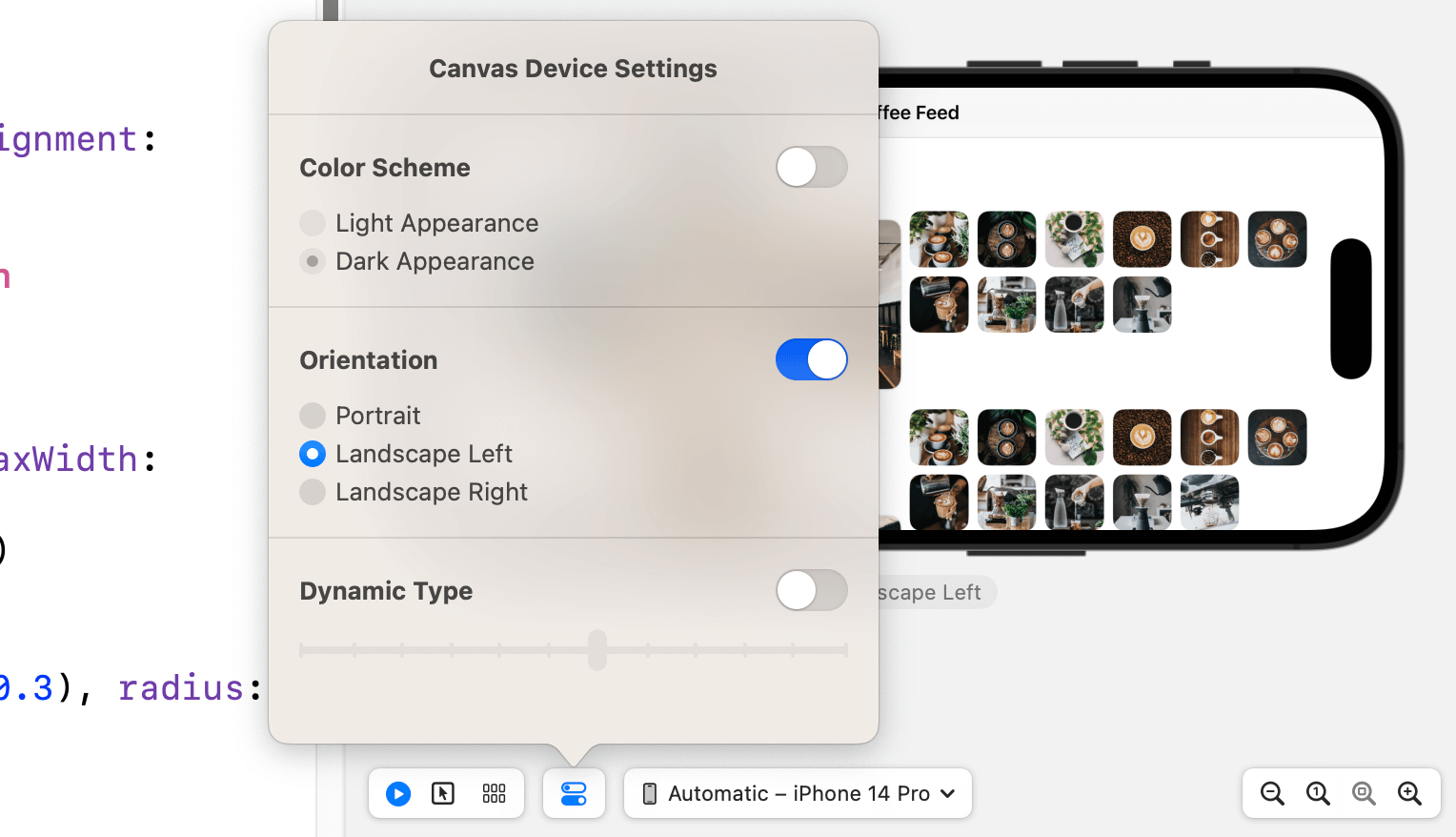 Figure 18. Switch to the landscape orientation in Xcode preview