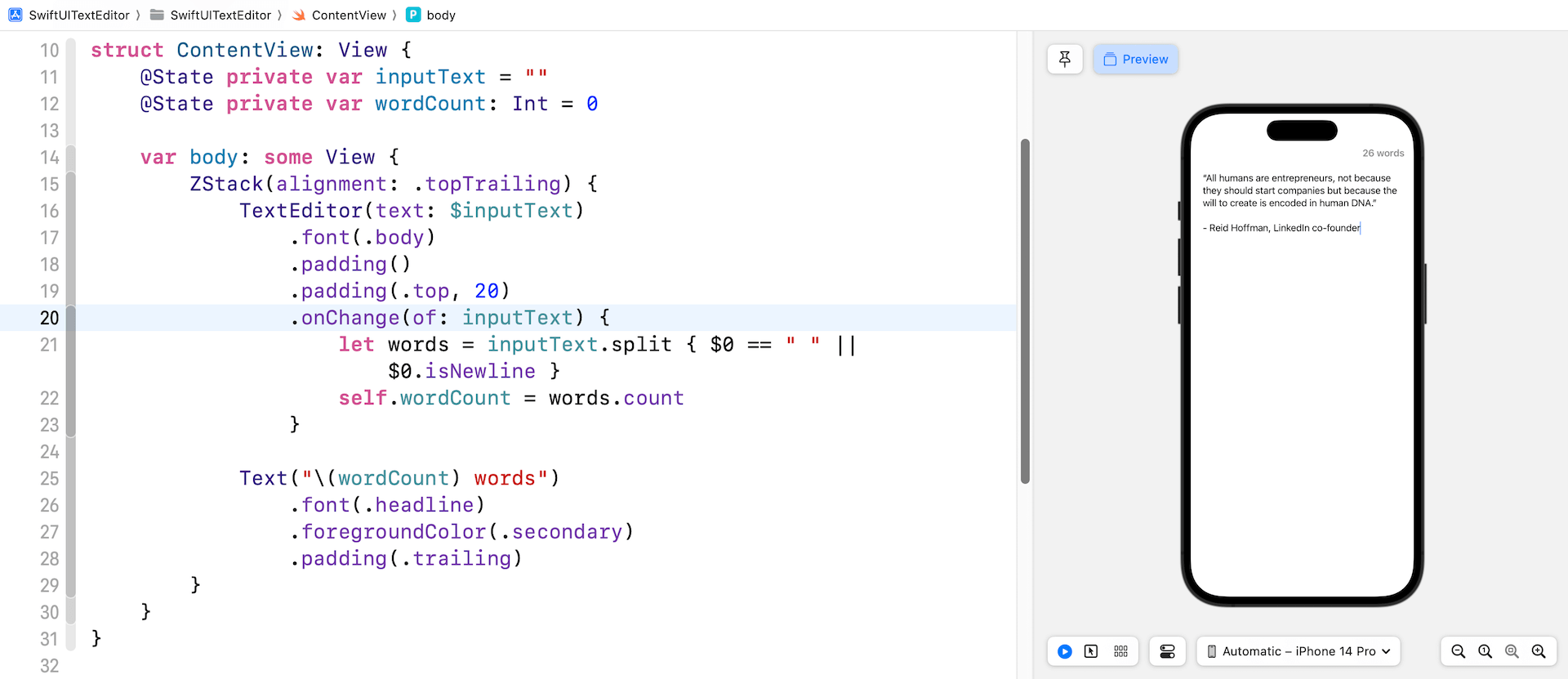 Figure 2. Using onChange() to detect text input and display the word count