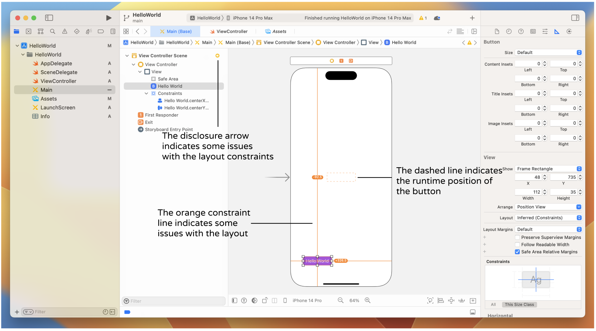 Figure 5-7. Interface Builder uses orange/red lines to indicate Auto Layout issues
