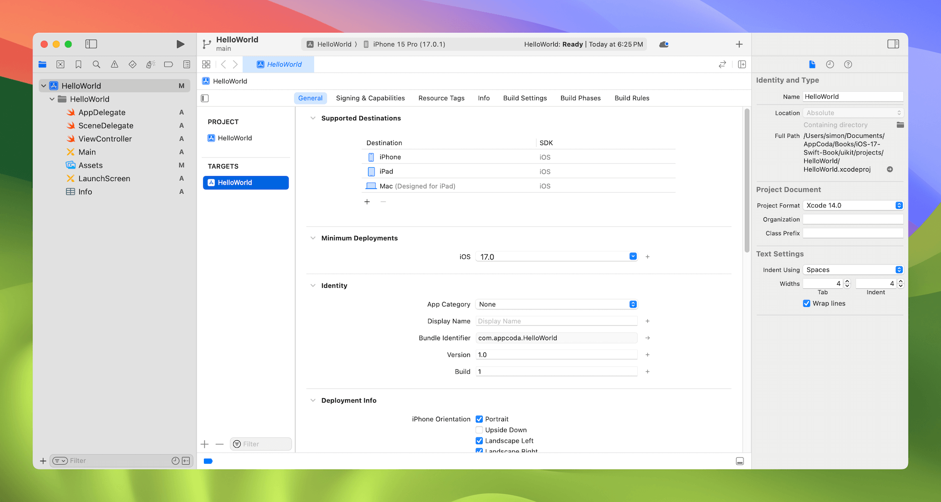 Figure 3-7. Main Xcode Window for HelloWorld Project