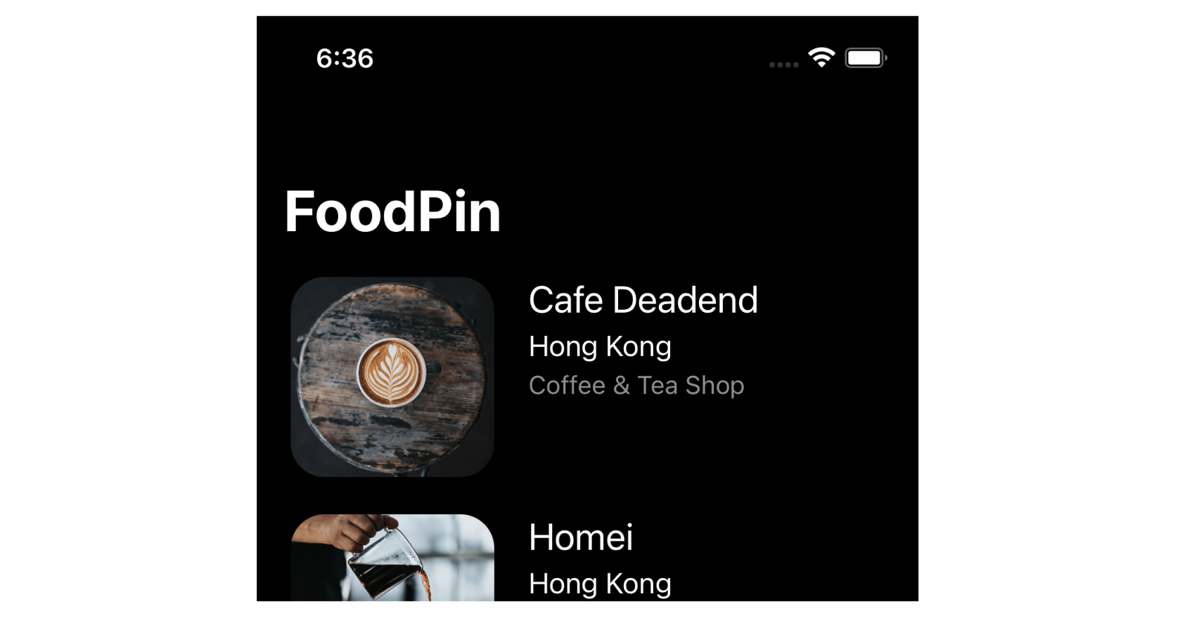 Figure 13-1. FoodPin app with a navigation bar in dark mode