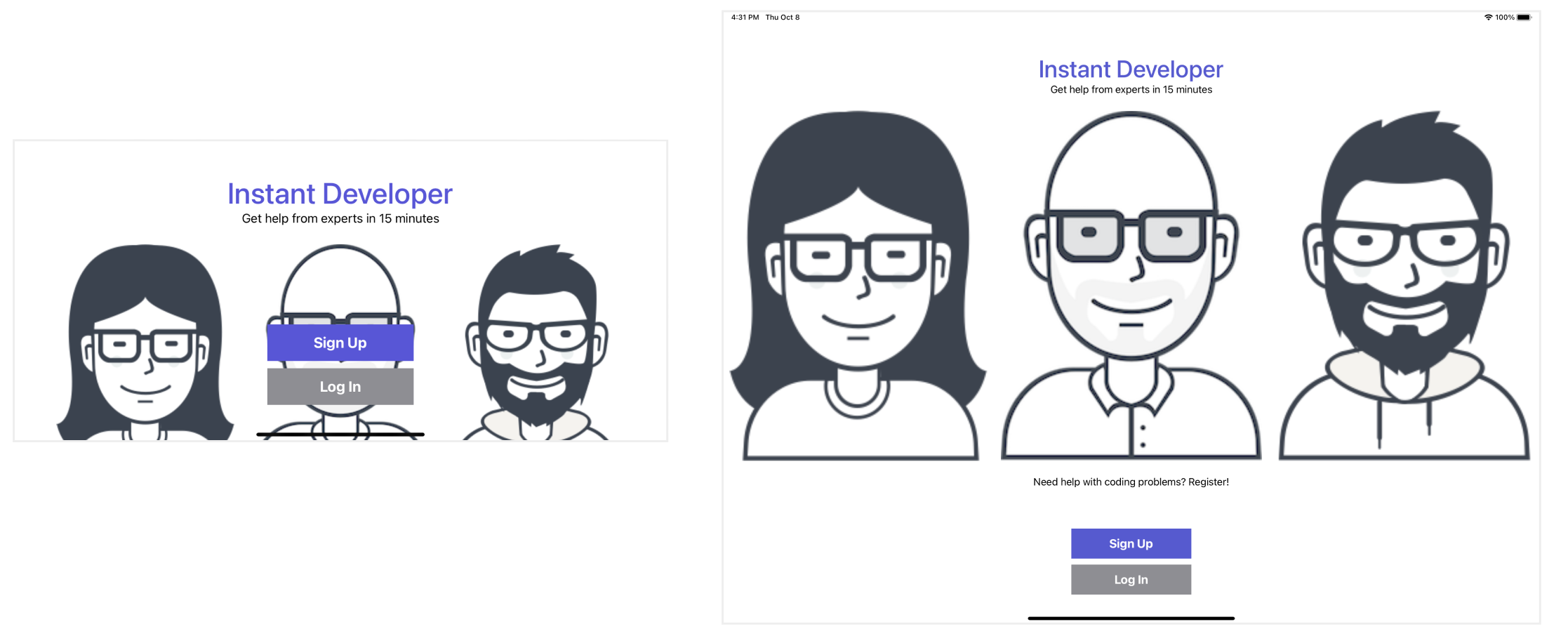 Figure 6-31. The app UI in landscape orientation on iPhone 11 Pro (left) and iPad Pro 12.9-inch (right)