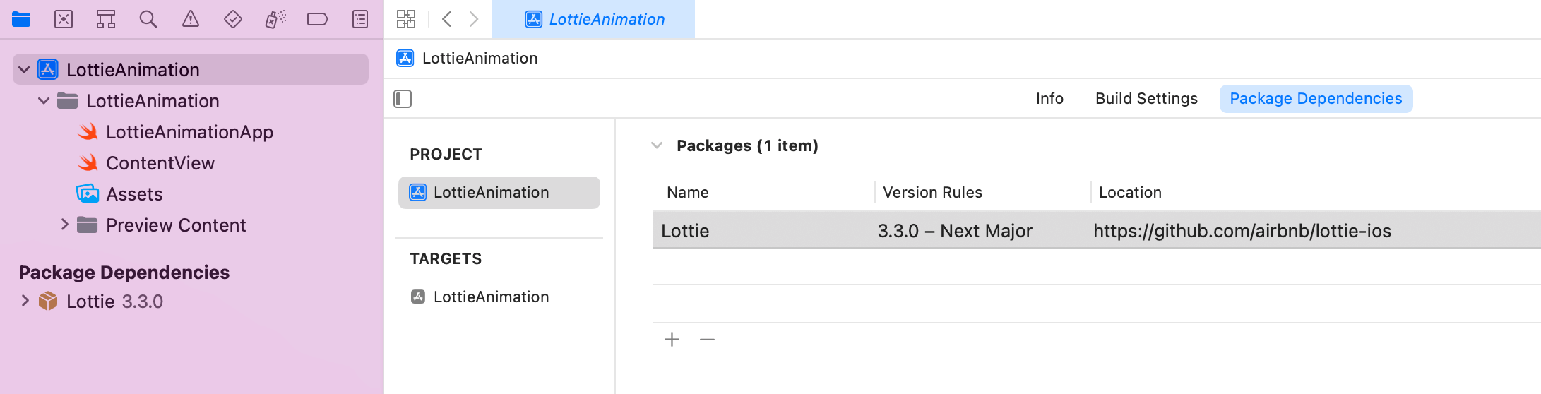 Lottie library in Xcode project